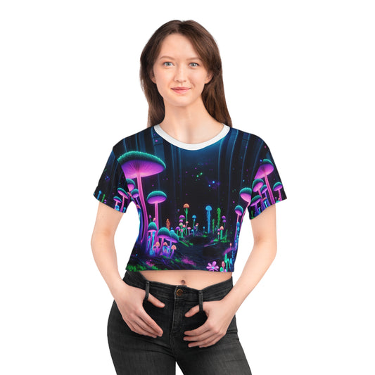 Ethereal Moonlight Enchantment: Blacklight Crop Tee, Neon Mushroom Forest & Luminous Fireflies - Women's Blacklight Tee