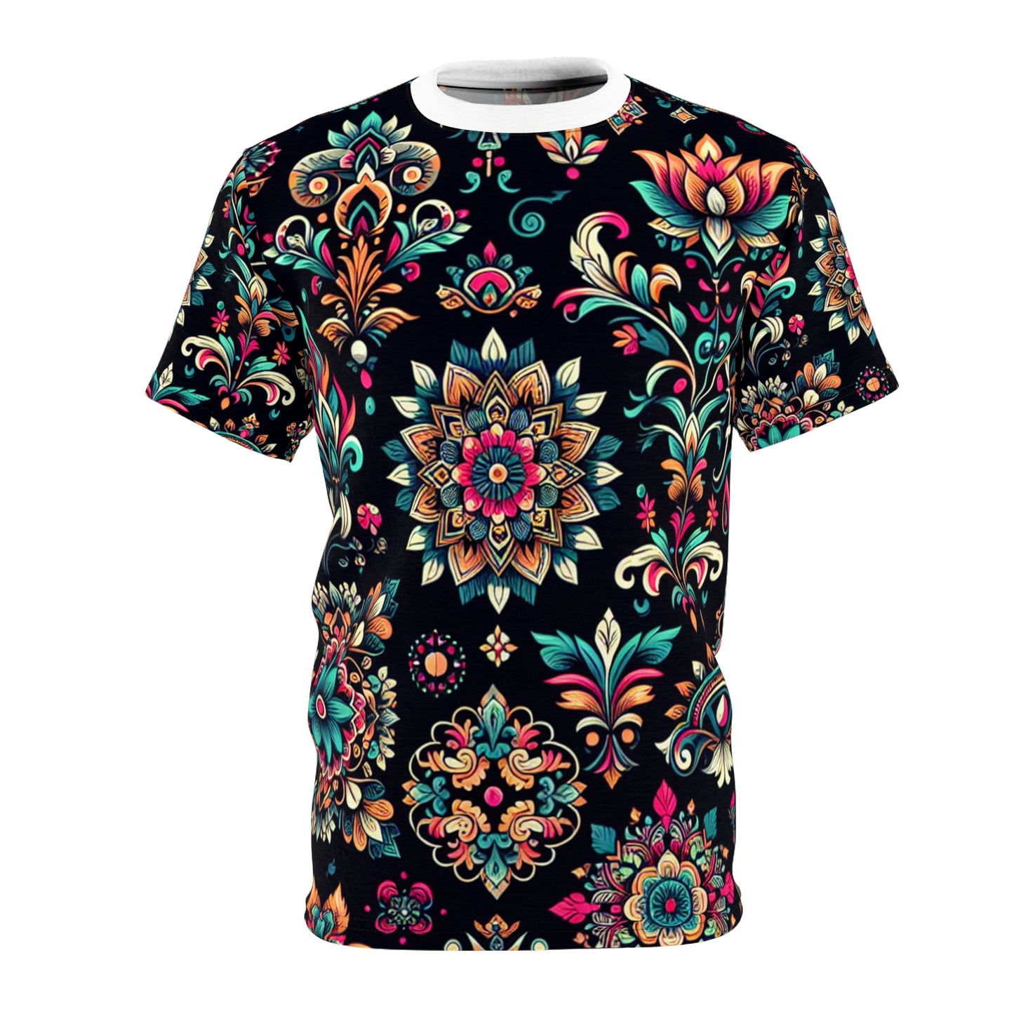 UV-Reactive Bioluminescent Bohemian T-Shirt featuring Scattered Neon Indian Motifs on Black Background