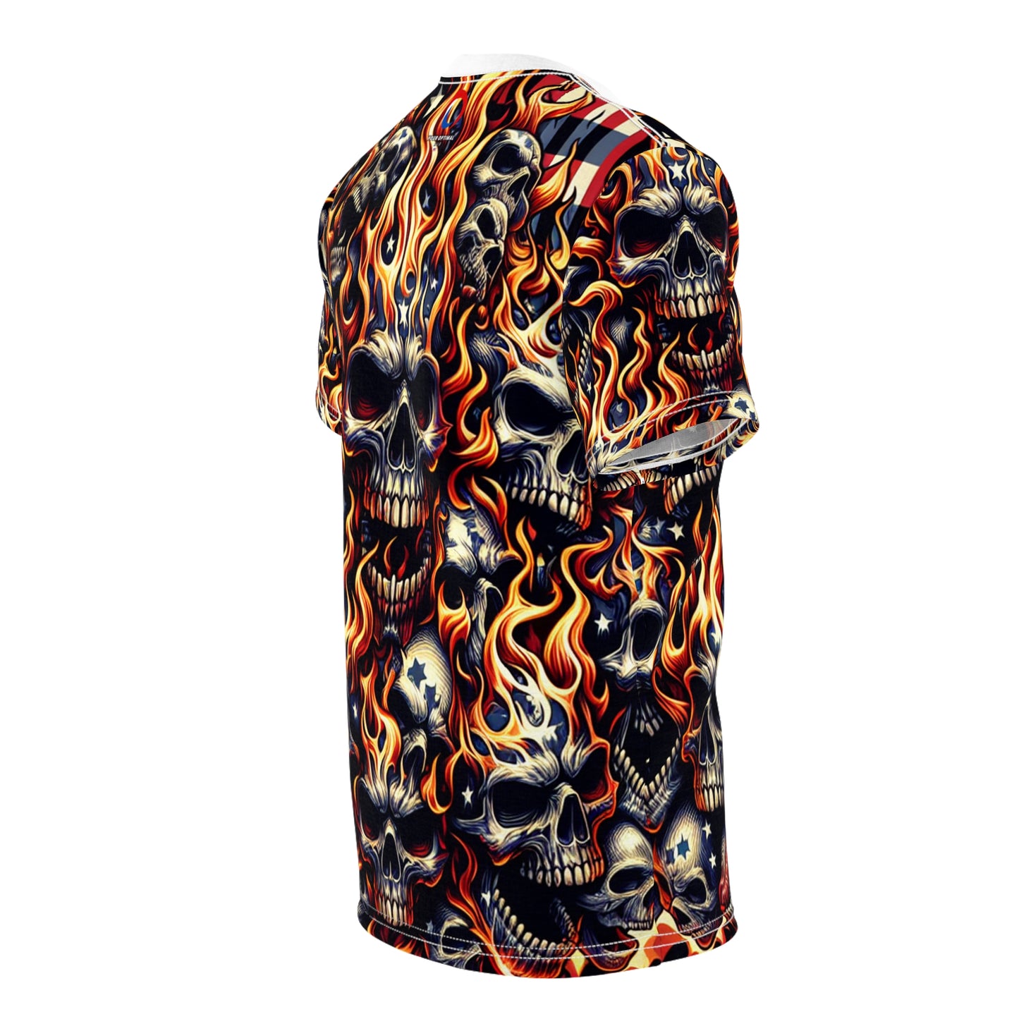 Fiery Patriotic Inferno: Skull-Drenched Tattoo-Style T-Shirt - Dynamic Design Tee