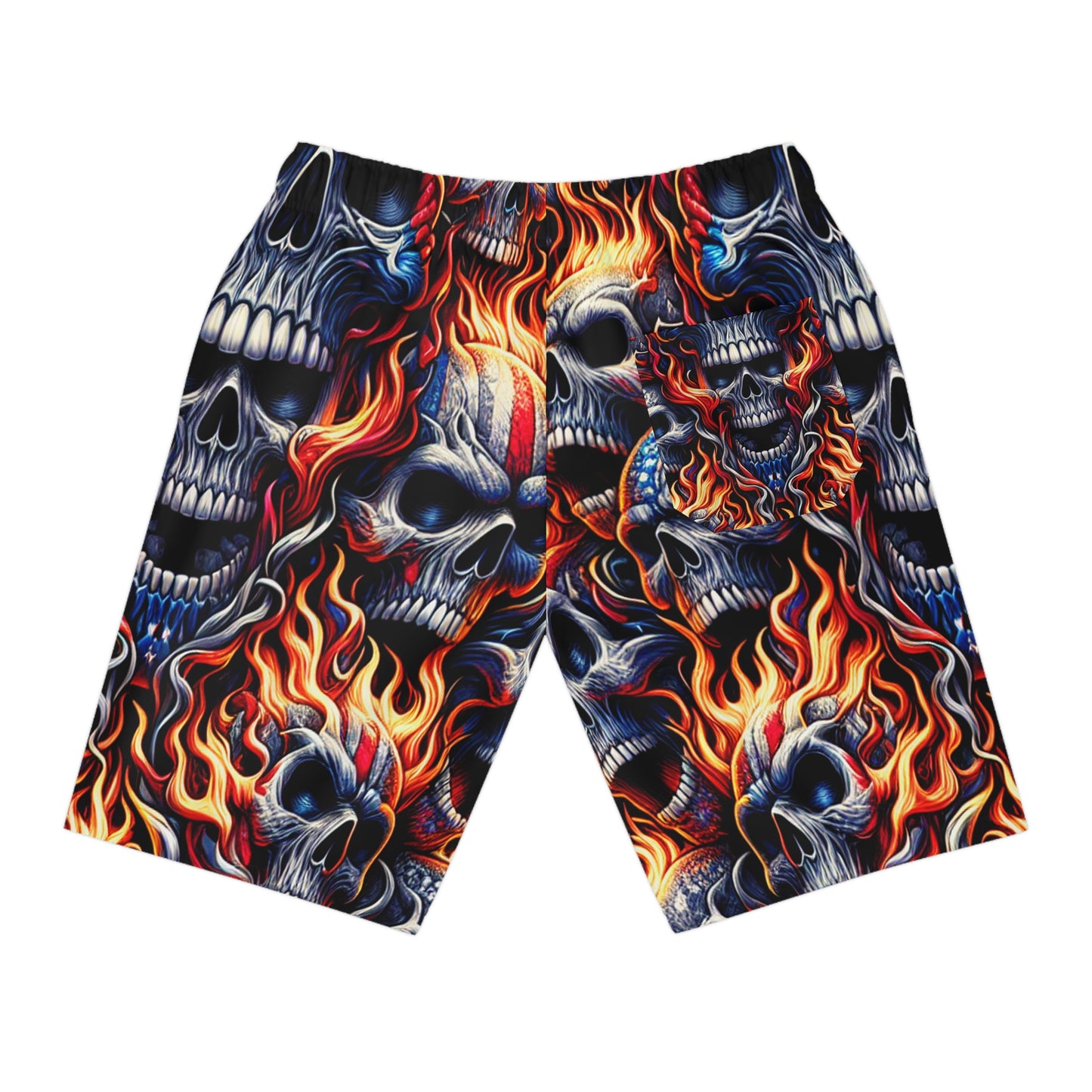 Inferno Skull Symphony: Patriotic Tattoo Artistry Shorts - Patriotic Streetwear Shorts