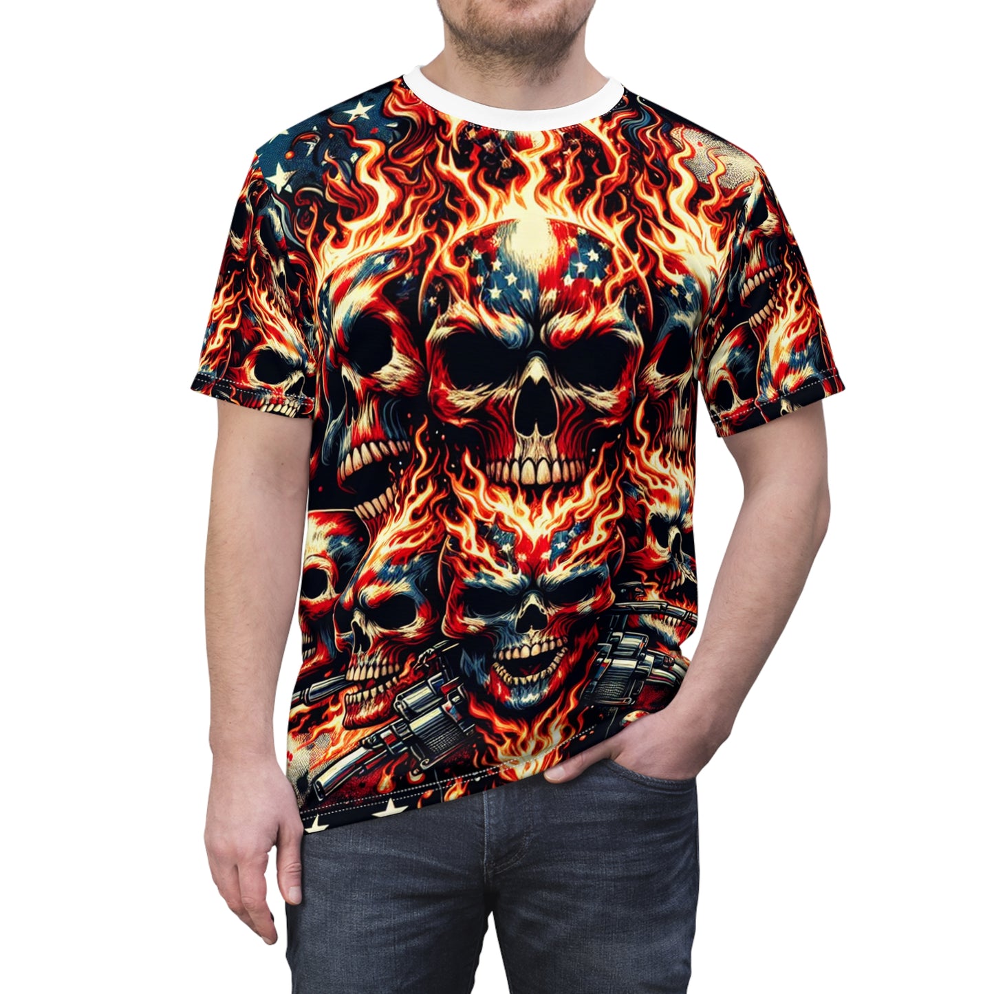 Flaming Skull Spectacle: Patriotic Tattoo Mastery T-Shirt - Patriotic Fashion Tee