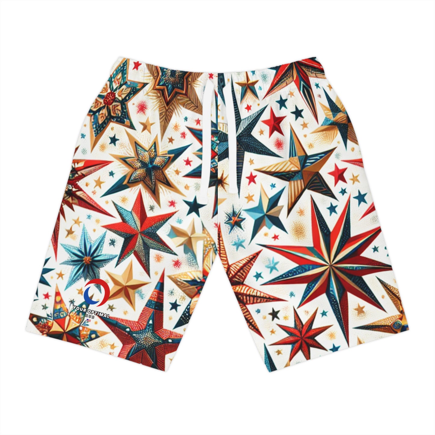 Festive Patriotic Star-Scattered Shorts - Red, Blue, Gold Stars on White - Perfect for 4th of July Celebrations - Patriotic Streetwear Shorts