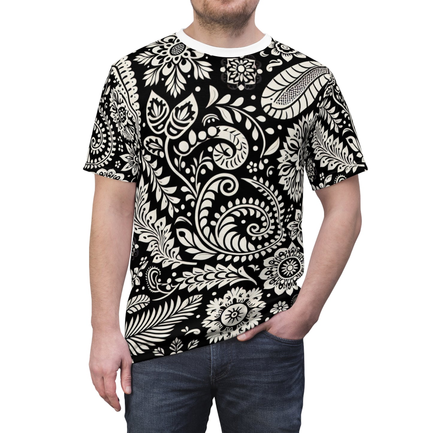 Black & White Intricate Indian Motif Seamless Pattern T-Shirt - Modern Minimalist Traditional Indian Floral and Geometric Design Tee