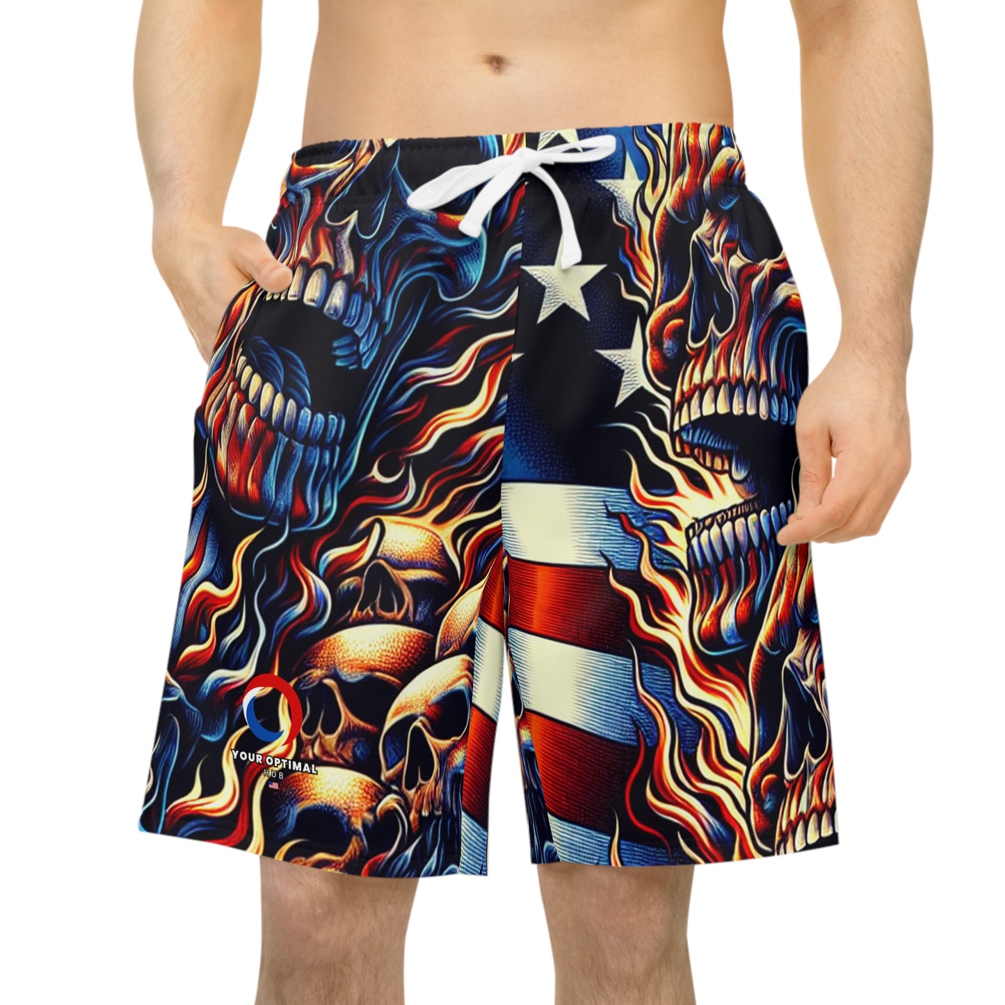 Inferno Patriotism: Star-Studded Skull Spectacle Shorts - Patriotic Streetwear