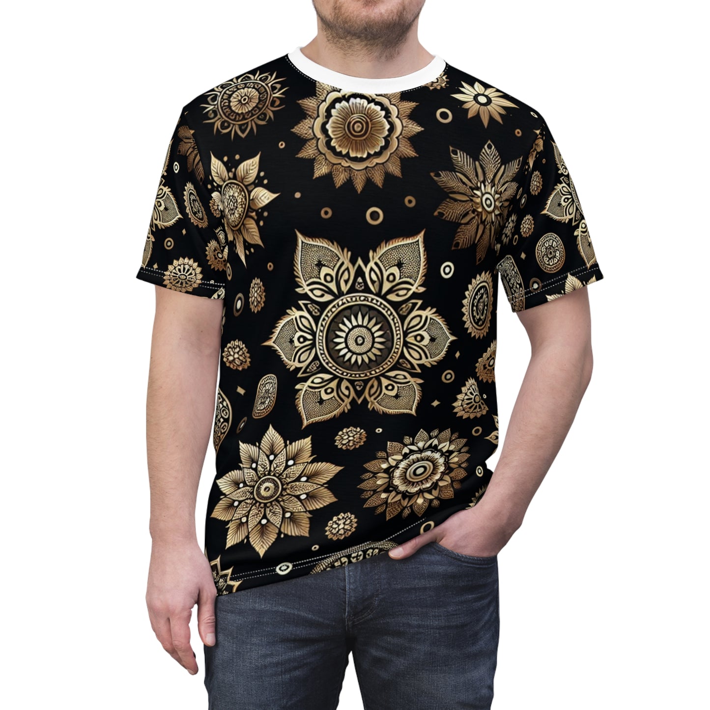 Luxurious Golden Indian Motif Tee - Scattered Traditional Designs on Black - Rich Heritage Elements - Floral & Geometric Styles