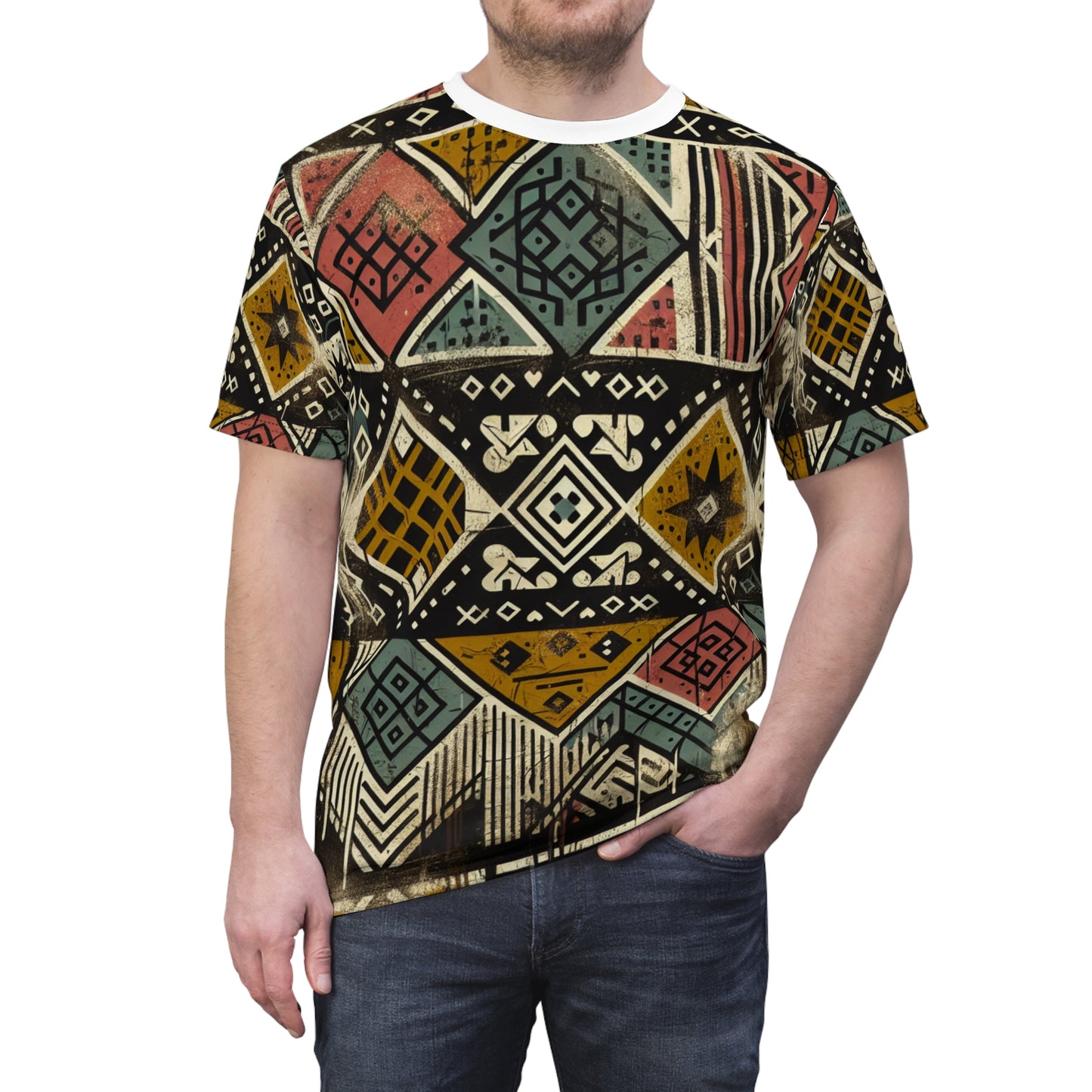 Urban Graffiti Meets African Artistry: Geometric Distressed Black Diamond Grid T-shirt - African Tribal Pattern-Inspired Tee