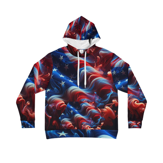 Mystical Dreamland USA Flag Infused Sweatshirt - Artistic Fluid Smoke Design Unisex Hoodie - Deep Red to Rich Blue Transitioning Colors