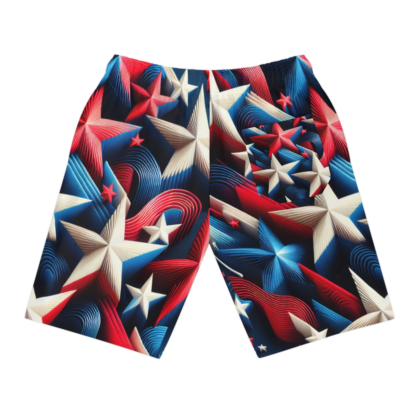 3D Star-Dazzle Shorts: Red, White, Blue Starburst - Festive, Patriotic Party Wear - Patriotic Streetwear Shorts