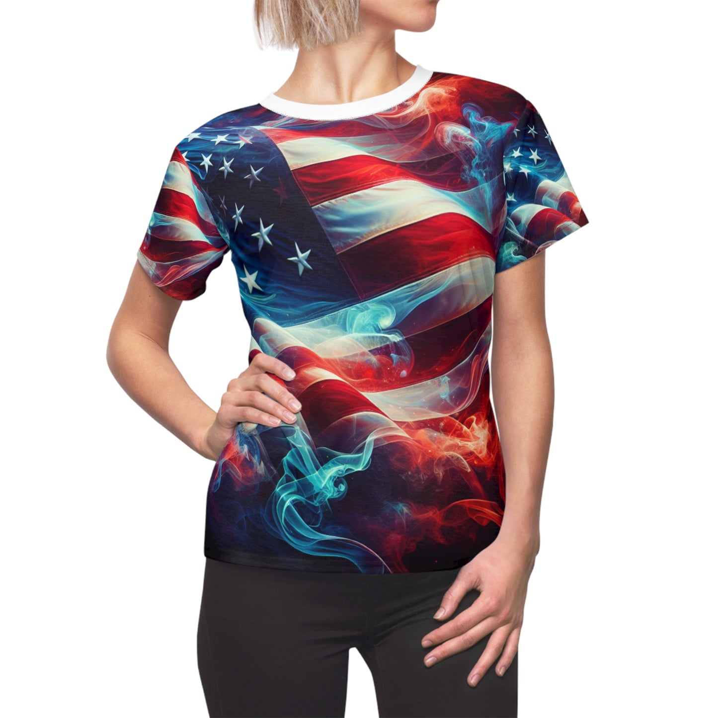 Mystic Smoke & Flag Women's T-shirt: Artful USA Pride in Transitioning Deep Red to Rich Blue - Patriotic Streetwear Tee