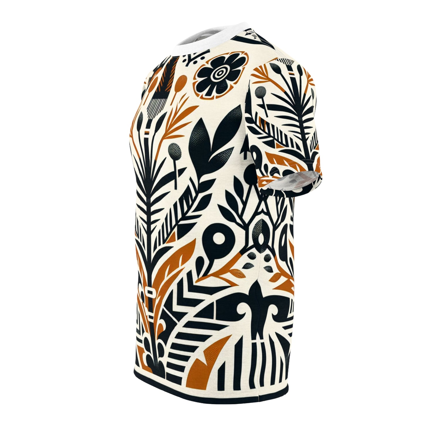 African Fusion Graphic T-shirt: Monochrome & Orange, Modern Nature-Warfare Design - African Tribal Pattern-Inspired Tee