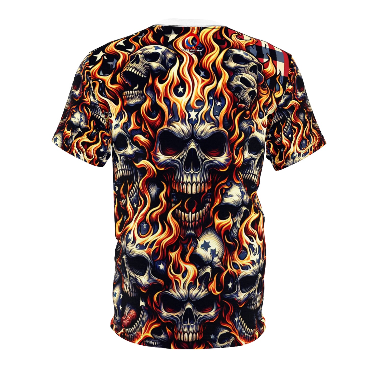 Fiery Patriotic Inferno: Skull-Drenched Tattoo-Style T-Shirt - Dynamic Design Tee