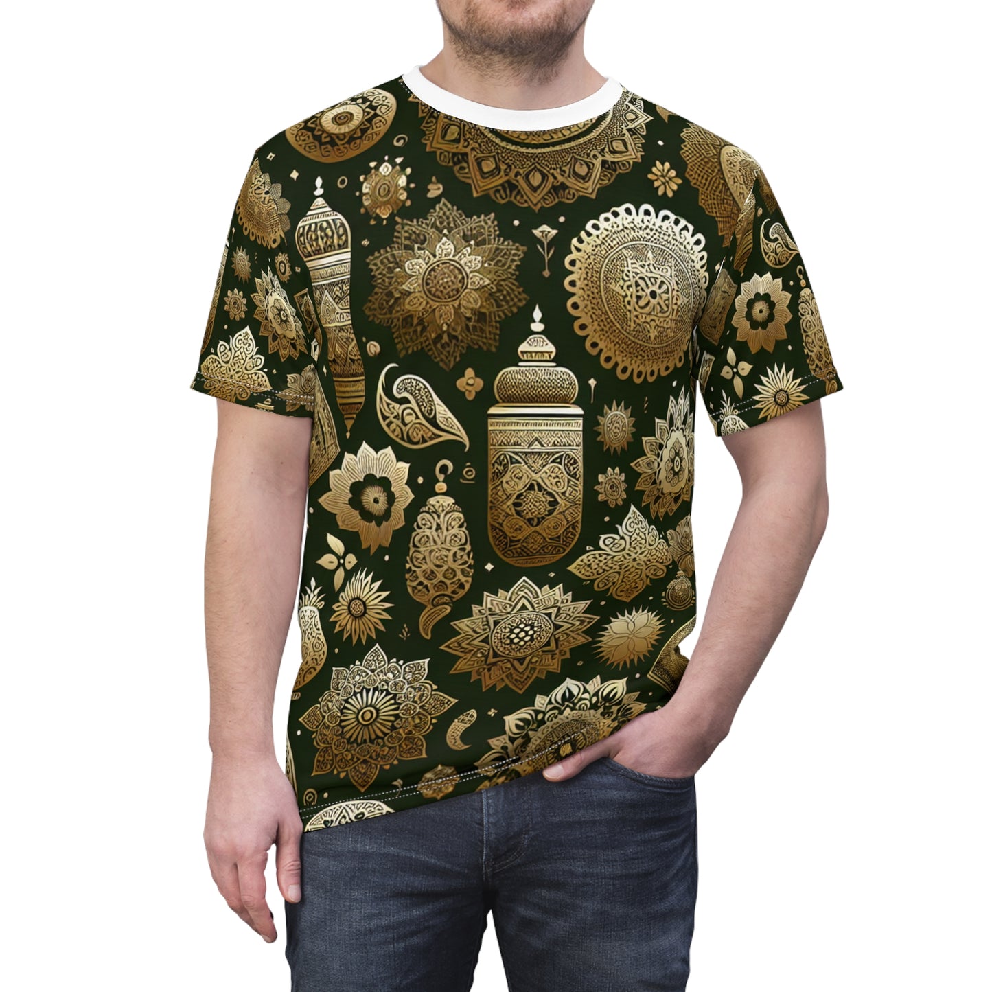 Gold Touch Heritage Tee: Green Traditionally-Inspired Indian Motif Design – Seamless Floral & Geometric Patterned T-shirt - Indian Streetwear