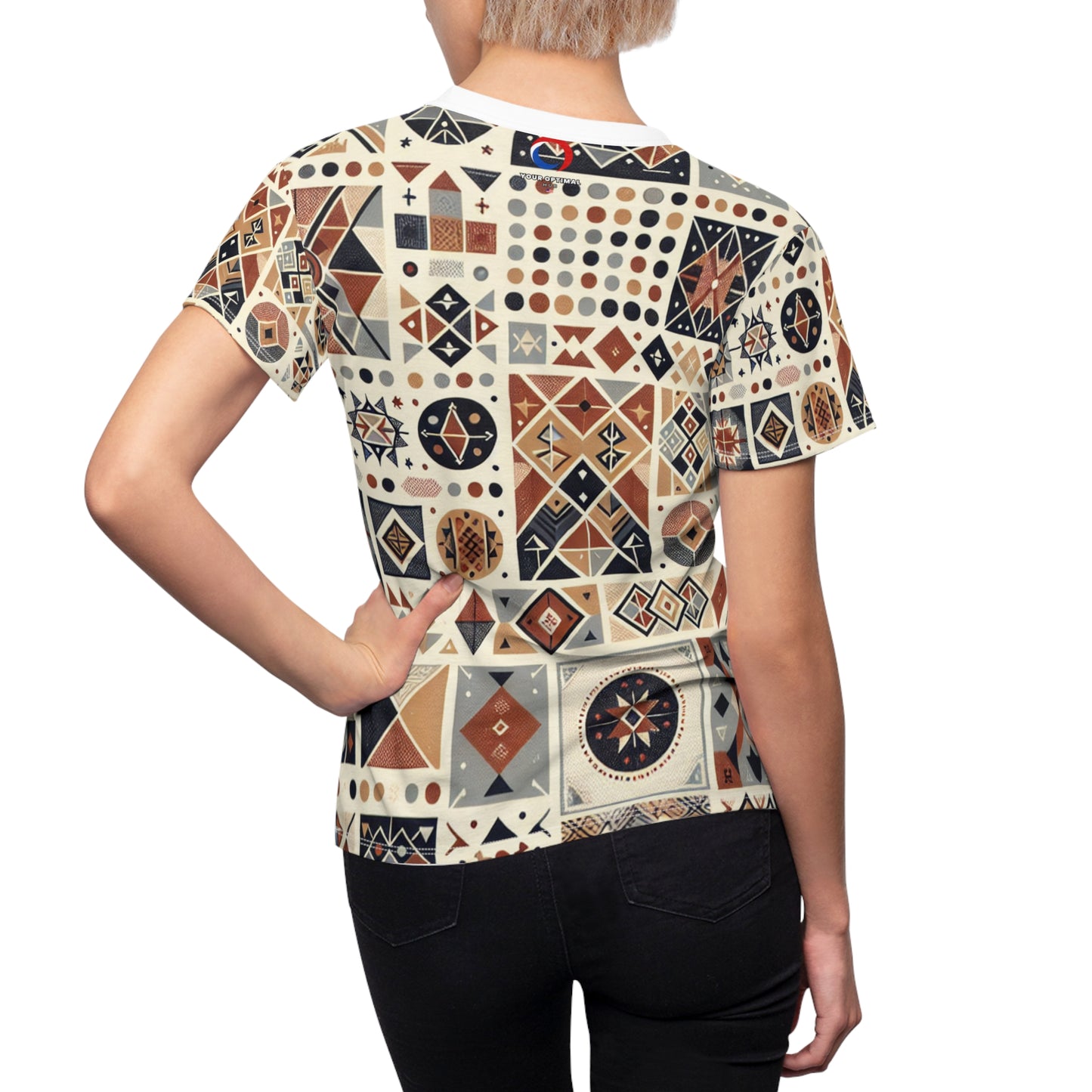 Berber Legacy: Women's Earthy-tone Storytelling Tattoo Tee with Rich Symbolism & Intricate Geometrics - African Tribal Pattern-Inspired