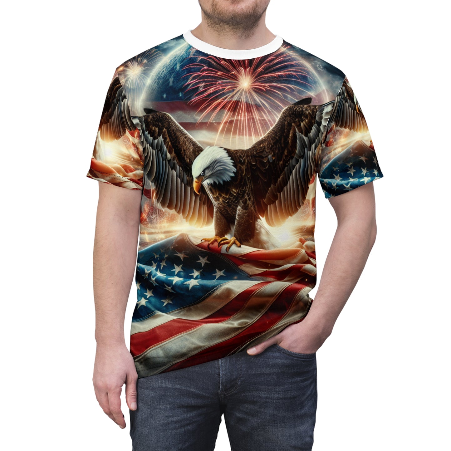 Pride & Freedom: Majestic American Bald Eagle & Flag Patriotic T-Shirt with Vibrant Fireworks Display - Independence Day Heritage Celebration Wear - Patriotic Streetwear Tee