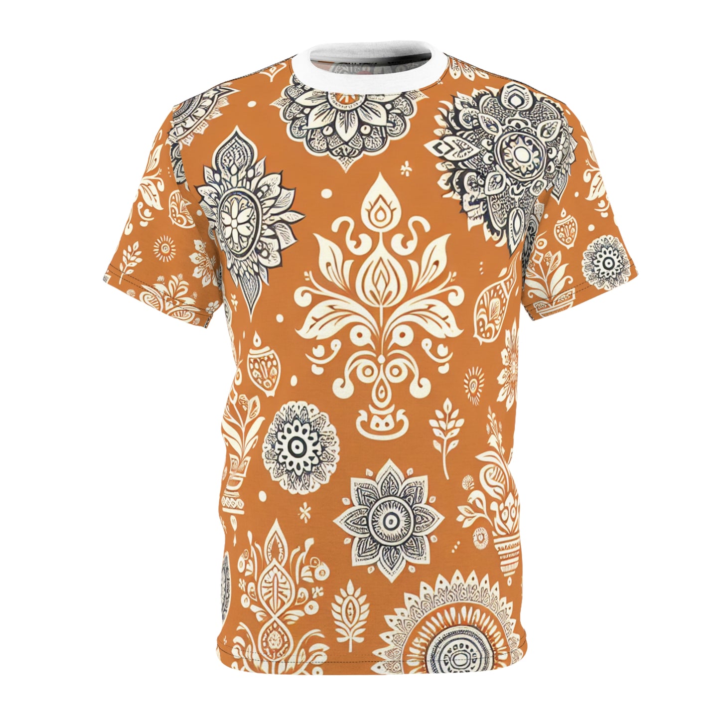 Traditional Indian Motif Print T-Shirt - Luxury Floral & Geometric Seamless Pattern - White on Orange - Modern Ethnic Décor Design Style