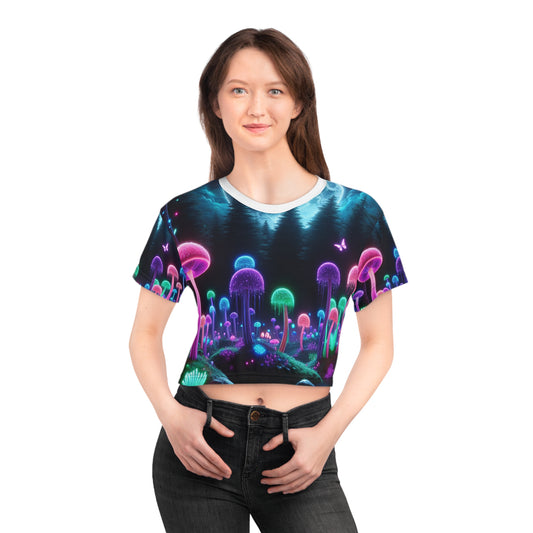 Blacklight Forest Fantasy Women's Crop Tee: UV-Reactant Neon Mushrooms, Full Moon & Magical Fireflies - Women's Blacklight Tee