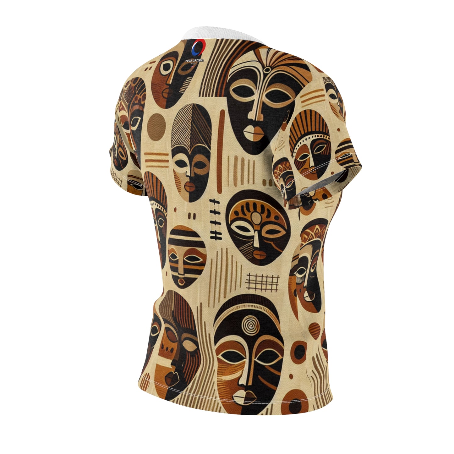 Elegant African Heritage Women's T-Shirt - Sophisticated Monochrome Mask Tapestry with Vivid Orange Accents - African Tribal Pattern-Inspired