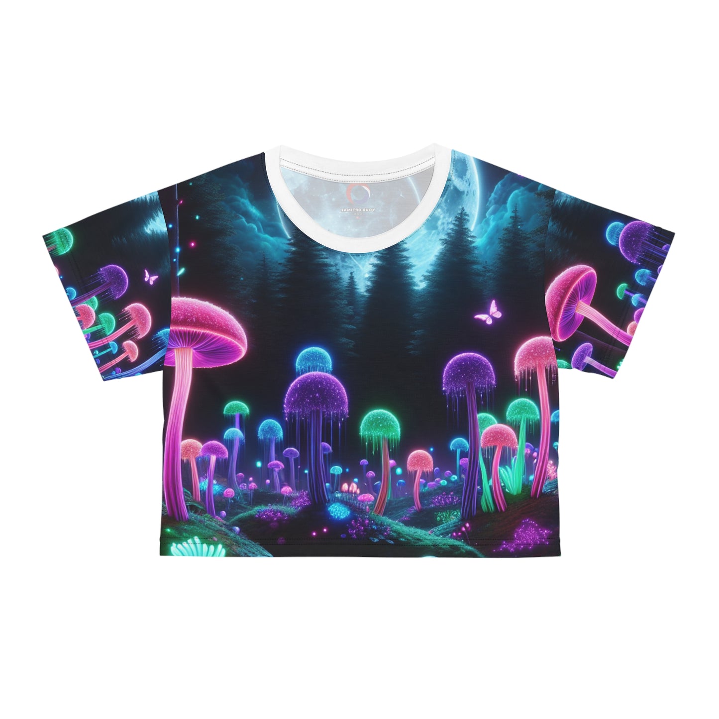 Blacklight Forest Fantasy Women's Crop Tee: UV-Reactant Neon Mushrooms, Full Moon & Magical Fireflies - Women's Blacklight Tee