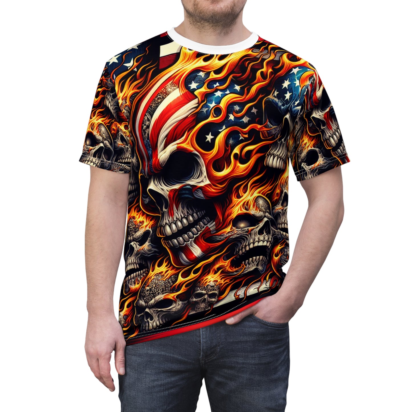 Skull Blaze Patriotism: Densely Designed Fire Fueled Skeleton Tee - Patriotic Streetwear Tee