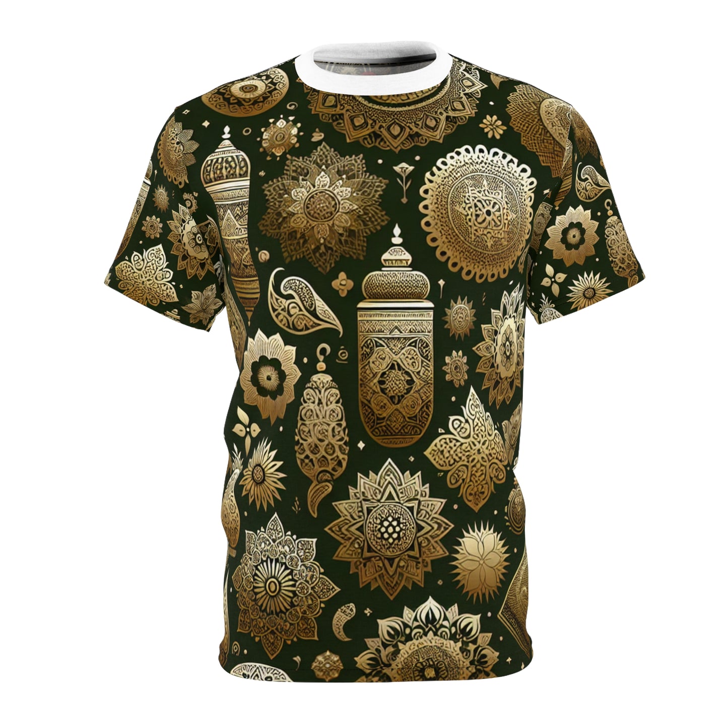 Gold Touch Heritage Tee: Green Traditionally-Inspired Indian Motif Design – Seamless Floral & Geometric Patterned T-shirt - Indian Streetwear