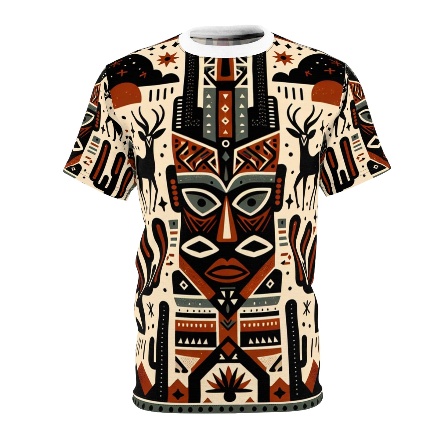 African-Southwestern Fusion T-Shirt: Tribal Totem with Geometric Wildlife in Warm Earthy Tones - African Tribal Pattern-Inspired