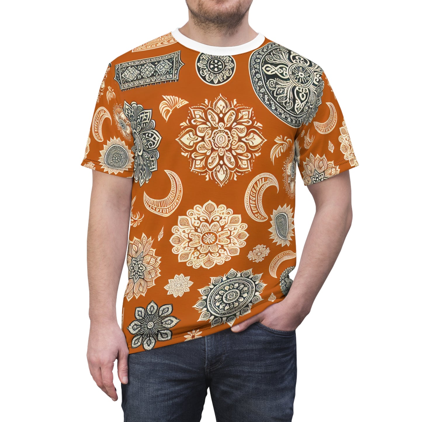 Orange Indian Motif T-Shirt – White Floral & Geometric Pattern, Minimal Ethnic Wallpaper Tee, Traditional India Design Apparel
