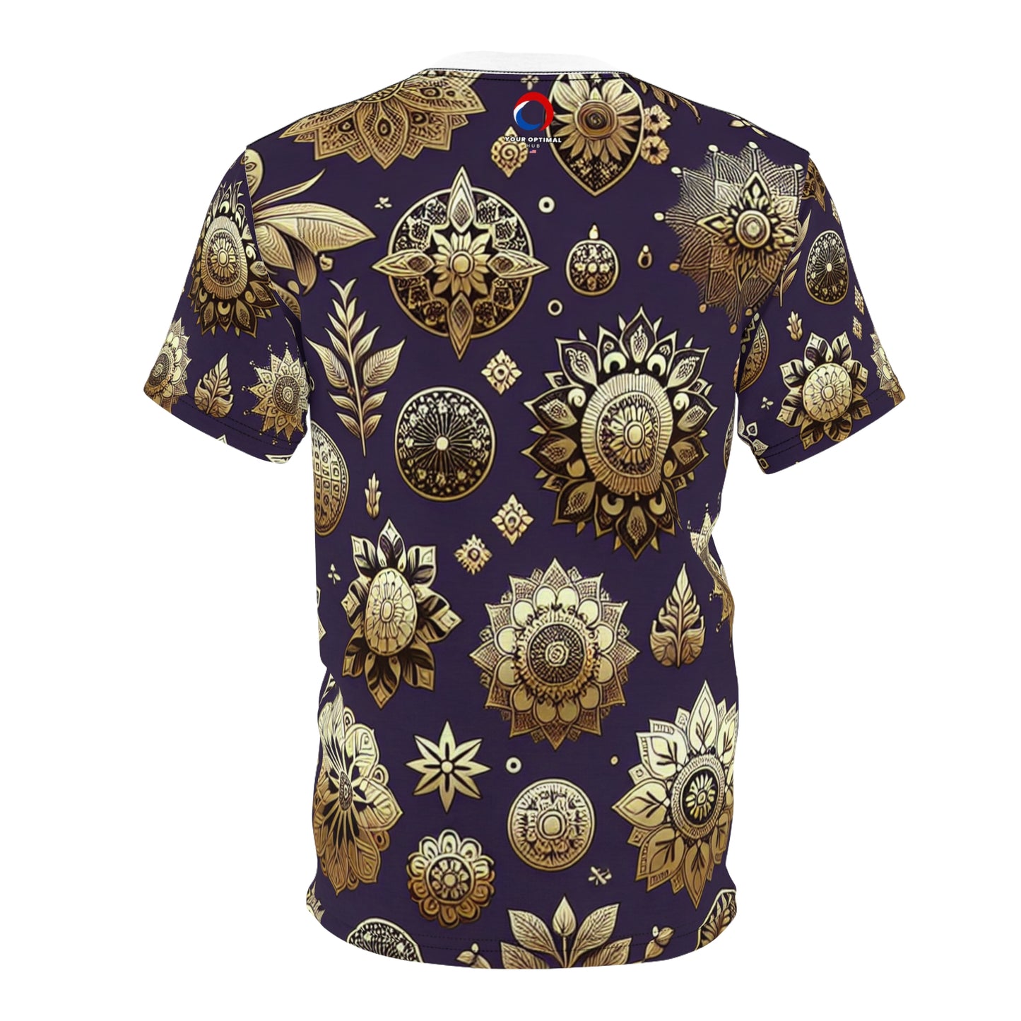 Gold Reflections on Purple: Seamless Indian Motif Pattern T-Shirt, Intricately Designed Traditional & Modern Design Elements - Traditional Indian Motifs Tee