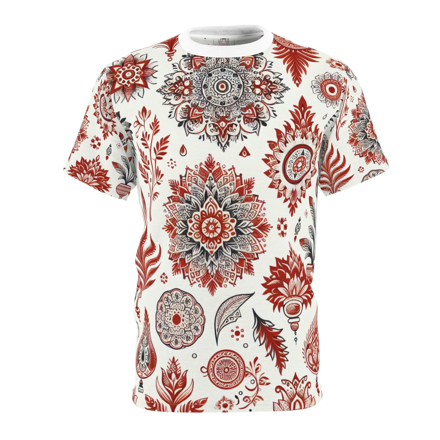 Traditional Indian Motif T-Shirt - Scattered Floral and Geometric Shapes in Primary Red on White - Rich Design Heritage Motifs Tee