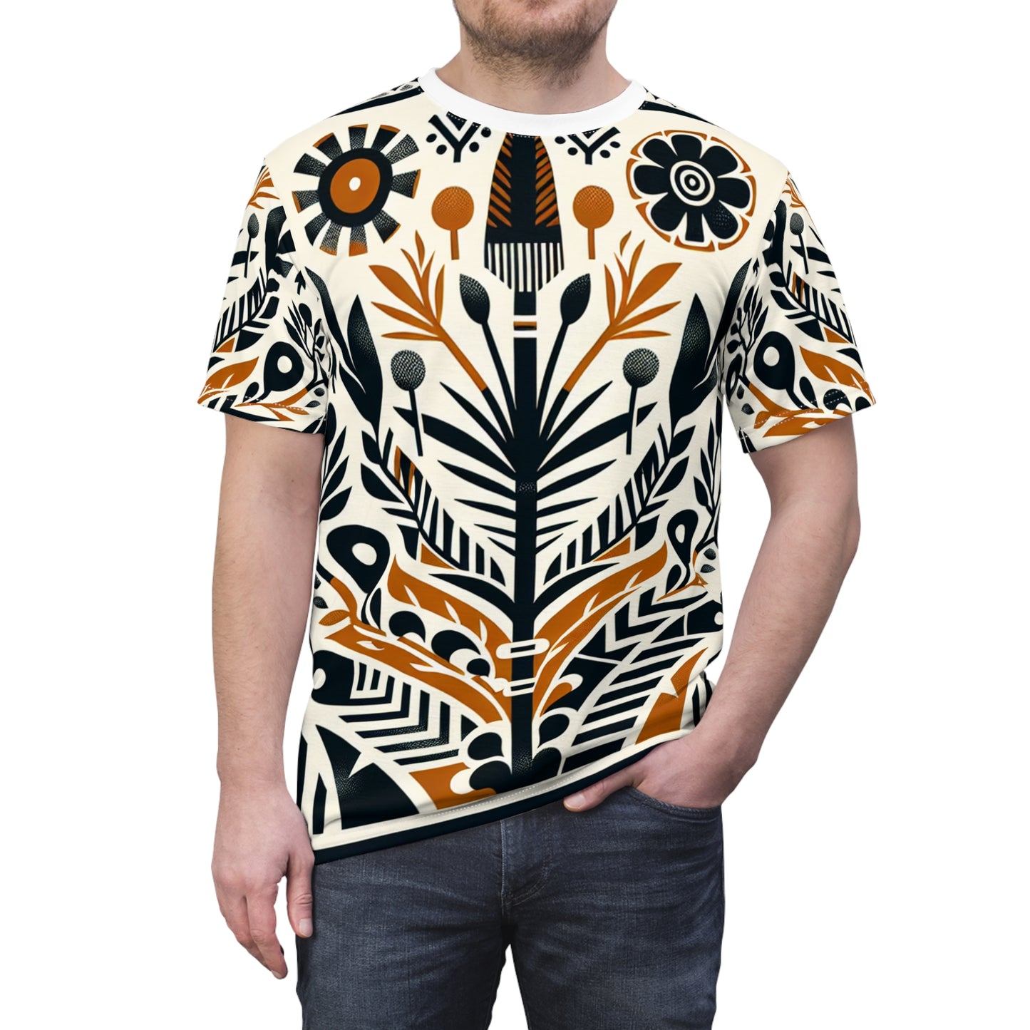 African Fusion Graphic T-shirt: Monochrome & Orange, Modern Nature-Warfare Design - African Tribal Pattern-Inspired Tee