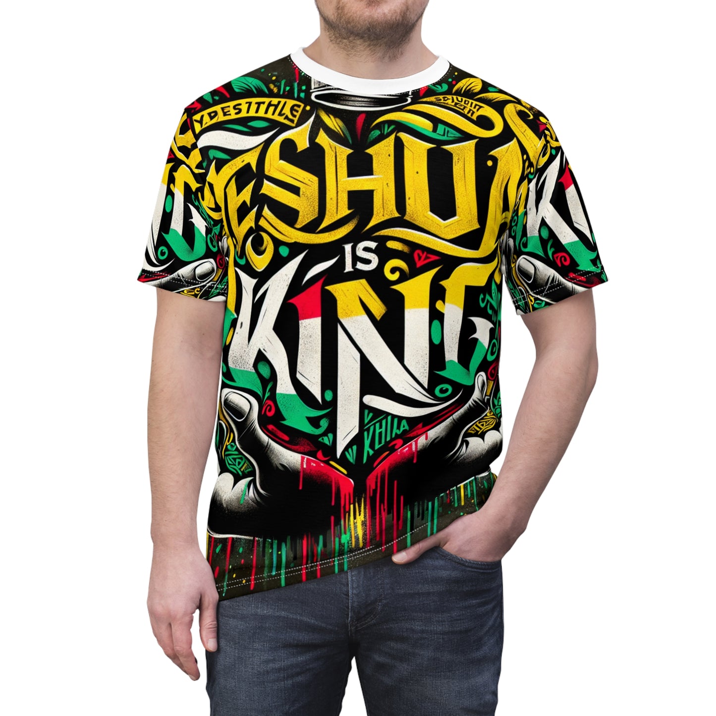 Yeshua is King Graffiti-Style Heart T-Shirt - Rasta Palette Bold Distressed Text, Expressive Faith-Inspired Art - Rastafarian Art-Inspired Tee