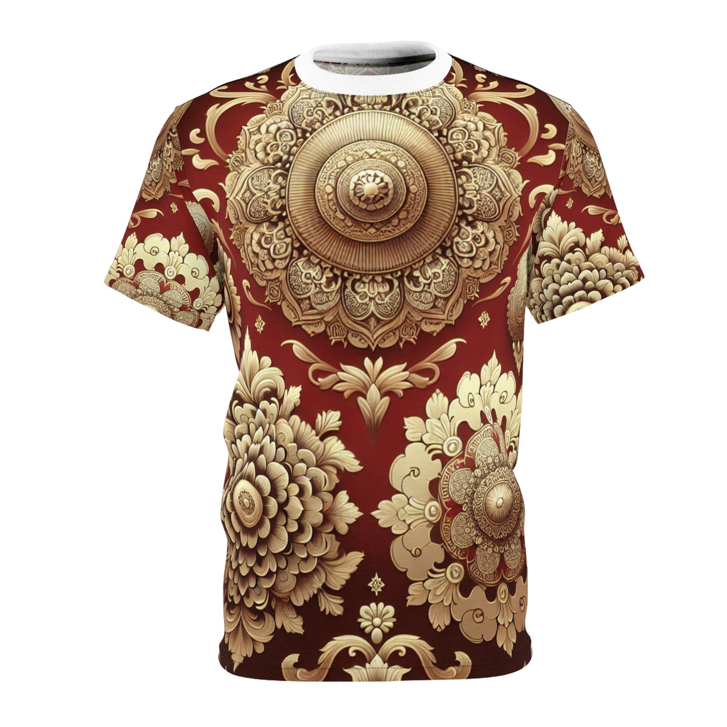 Exquisite Gold on Red Indian Motif Seamless Pattern T-Shirt: Intricately Designed Traditional Elements, Balanced Geometric and Floral Arrangement Tee