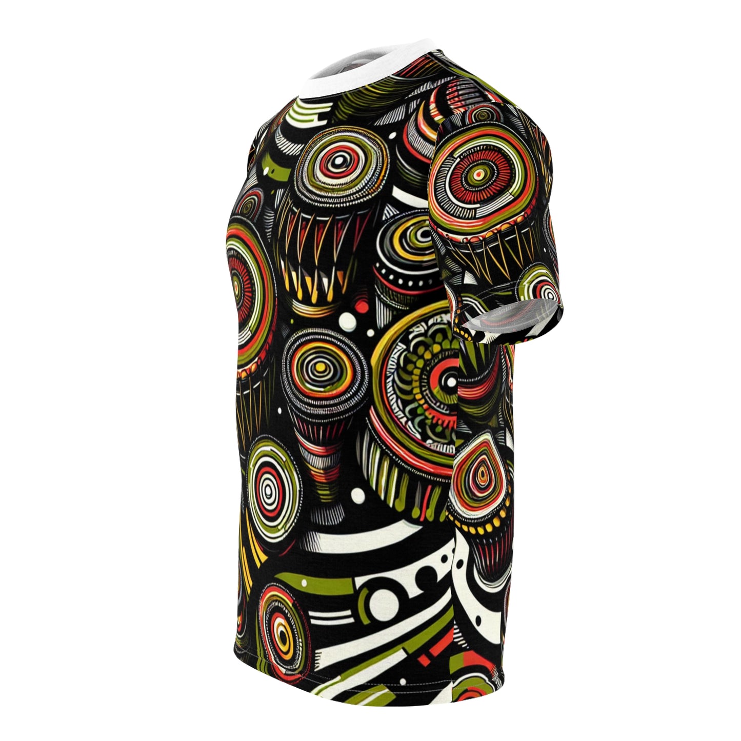 African Drum Dance Vibrant T-Shirt - Bold Kaleidoscope Pattern in Black, Red and Lime Green - African Tribal Pattern-Inspired Tee