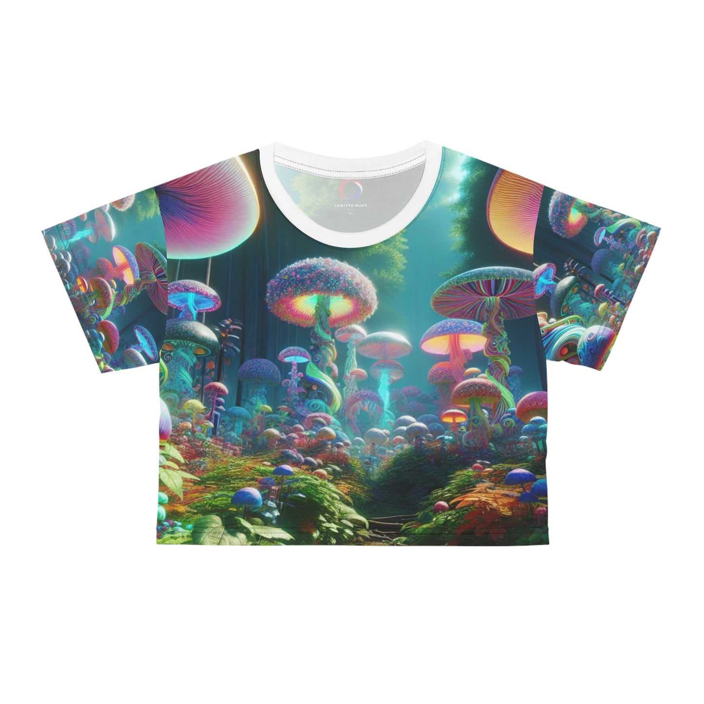 Enchanted Psychedelic Forest 3D Print Women's Crop Tee - Hyper-Realistic Neon Mushrooms & Vivid Flora - Women's Trippy Tee