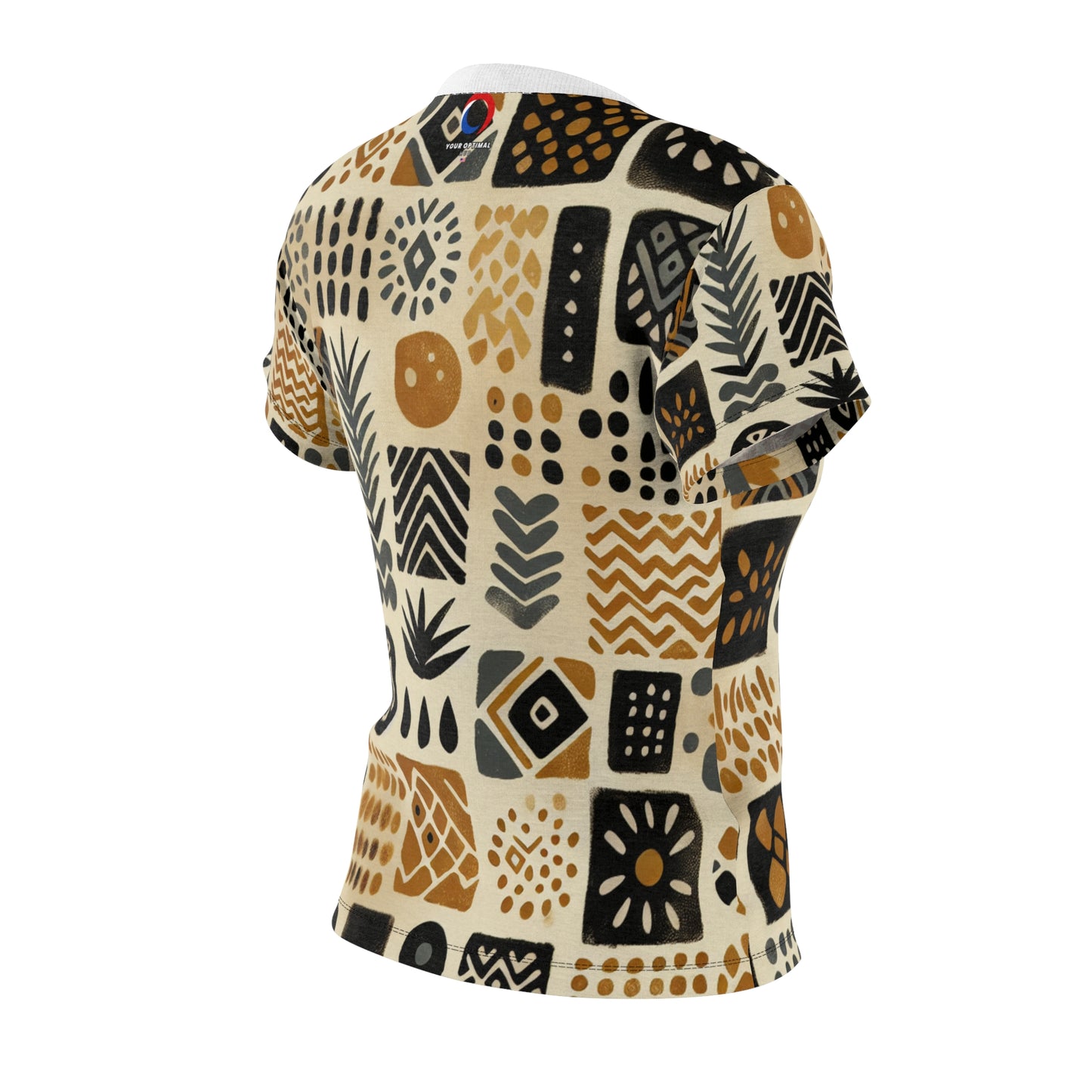 African Mud Cloth-Inspired Grid Tee, Handcrafted Women's T-Shirt in Ochre, Black & Red - African Tribal Pattern-Inspired