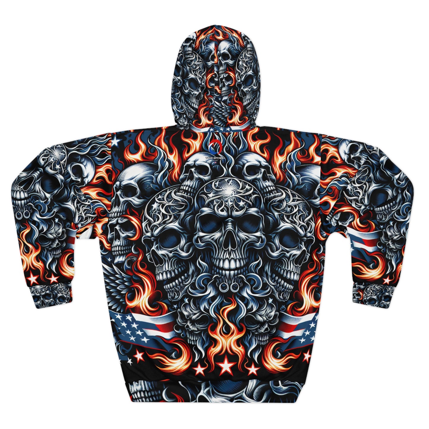 Inferno Patriot: Tattoo Artistry Hoodie Fused With Daring Skull Emblem & American Pride - Patriotic Streetwear Hoodie