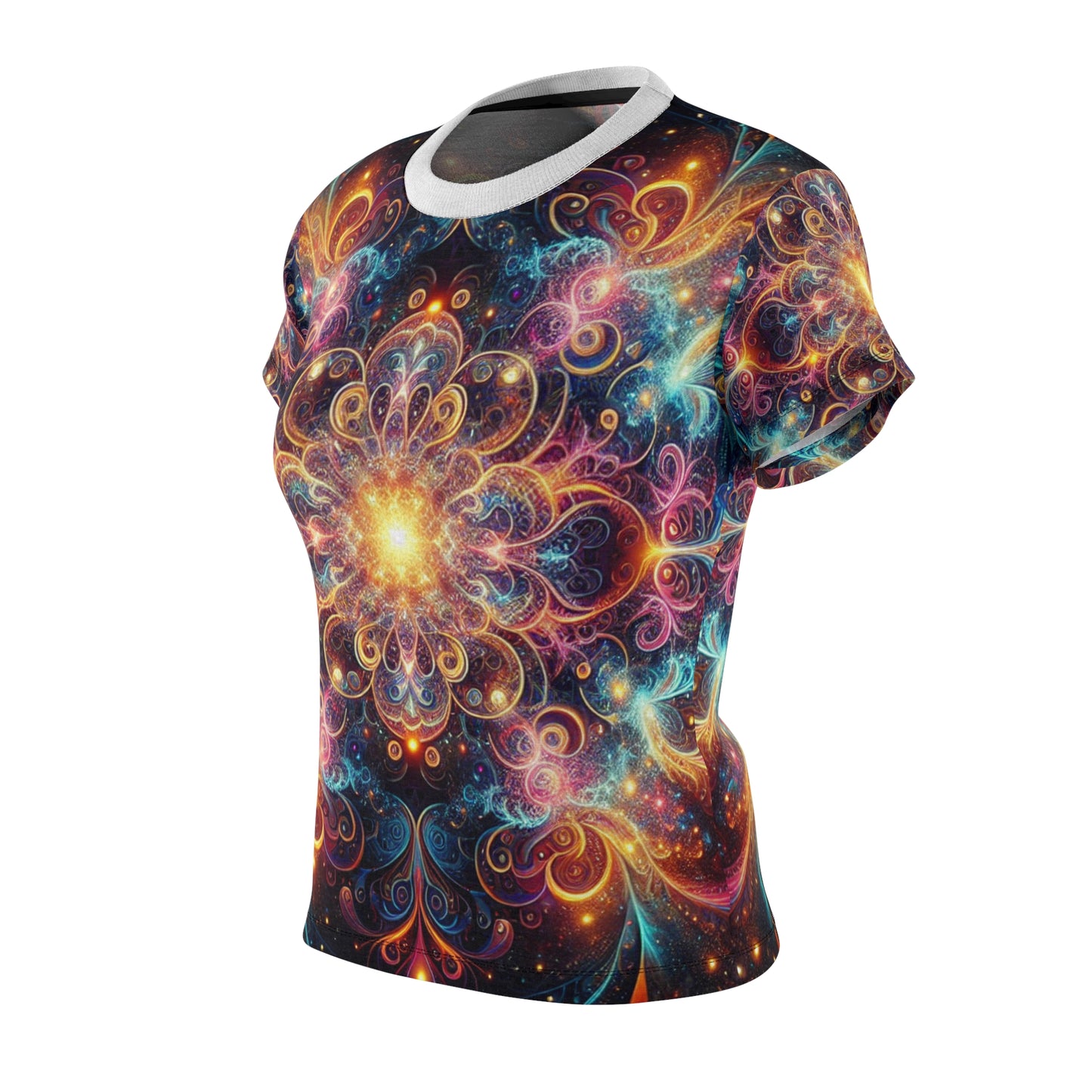 Psychedelic Cosmic Mandala Women's Tee - Neon Swirl Artwork on Dark Galaxy Background - Women's Trippy Tee