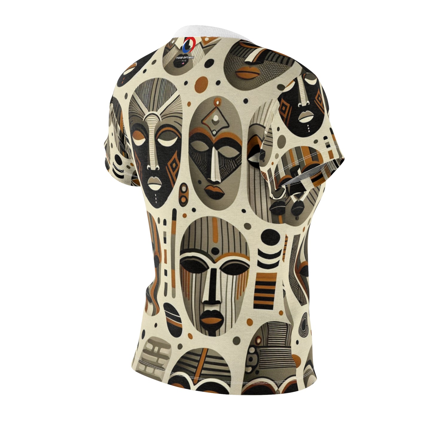 African Heritage Artistry: Women's Tee with Rich, Monochromatic Masks Tapestry, Modern Meets Tradition - African Tribal Pattern-Inspired