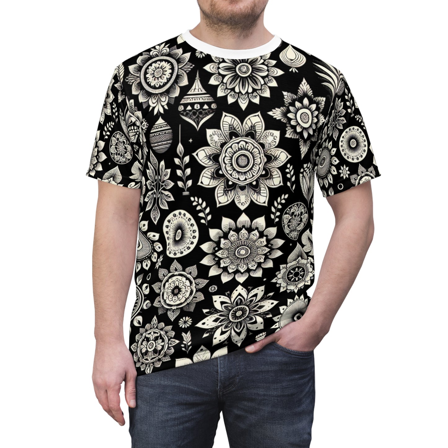 Indian Heritage Motif Collection: Intricate Floral & Geometric Designs on a Monochrome Black & White Seamless Pattern T-Shirt