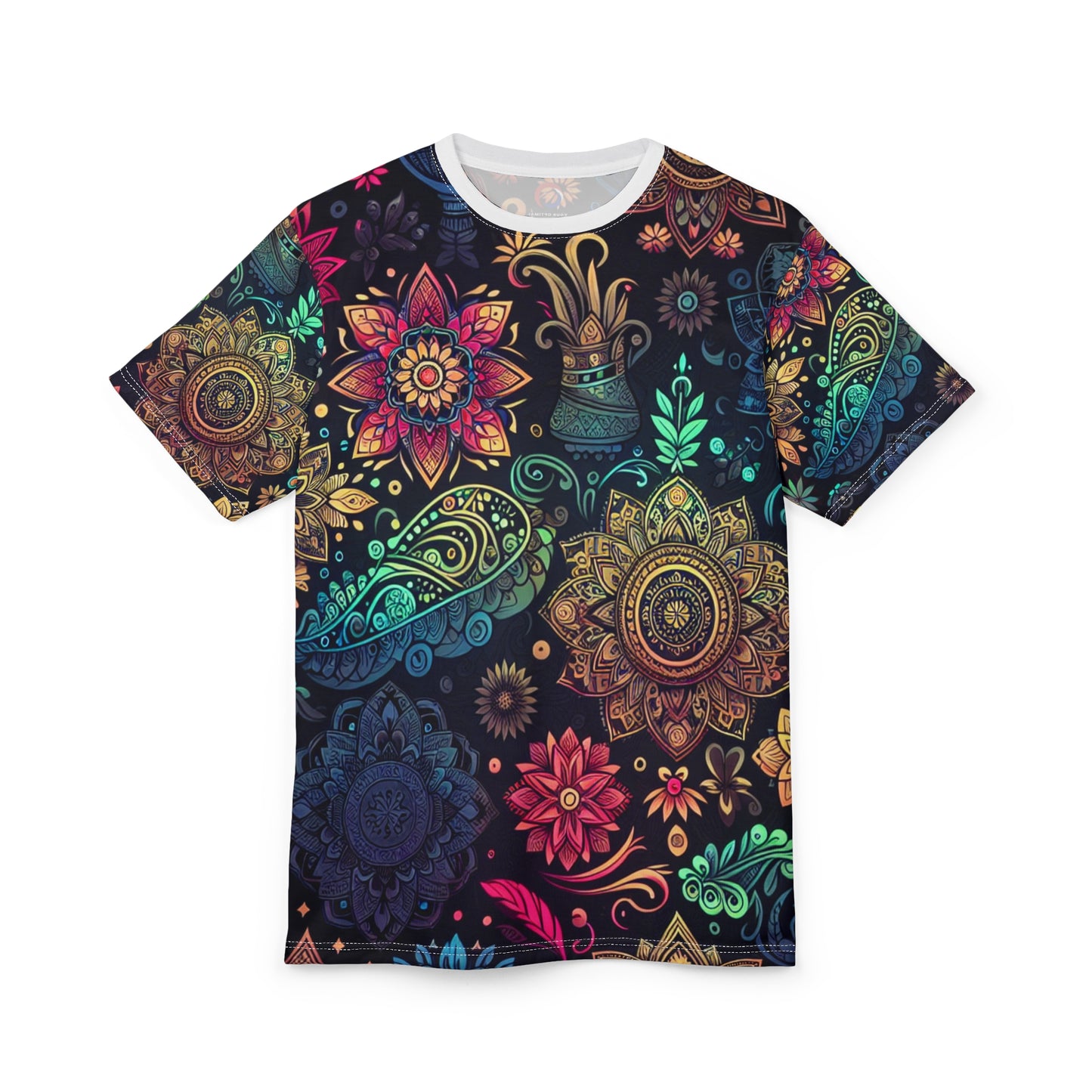 UV Reactive Indian Motif T-Shirt – Neon Bioluminescent Floral & Geometric Pattern on Black – Traditional Desi Style Glow Tee