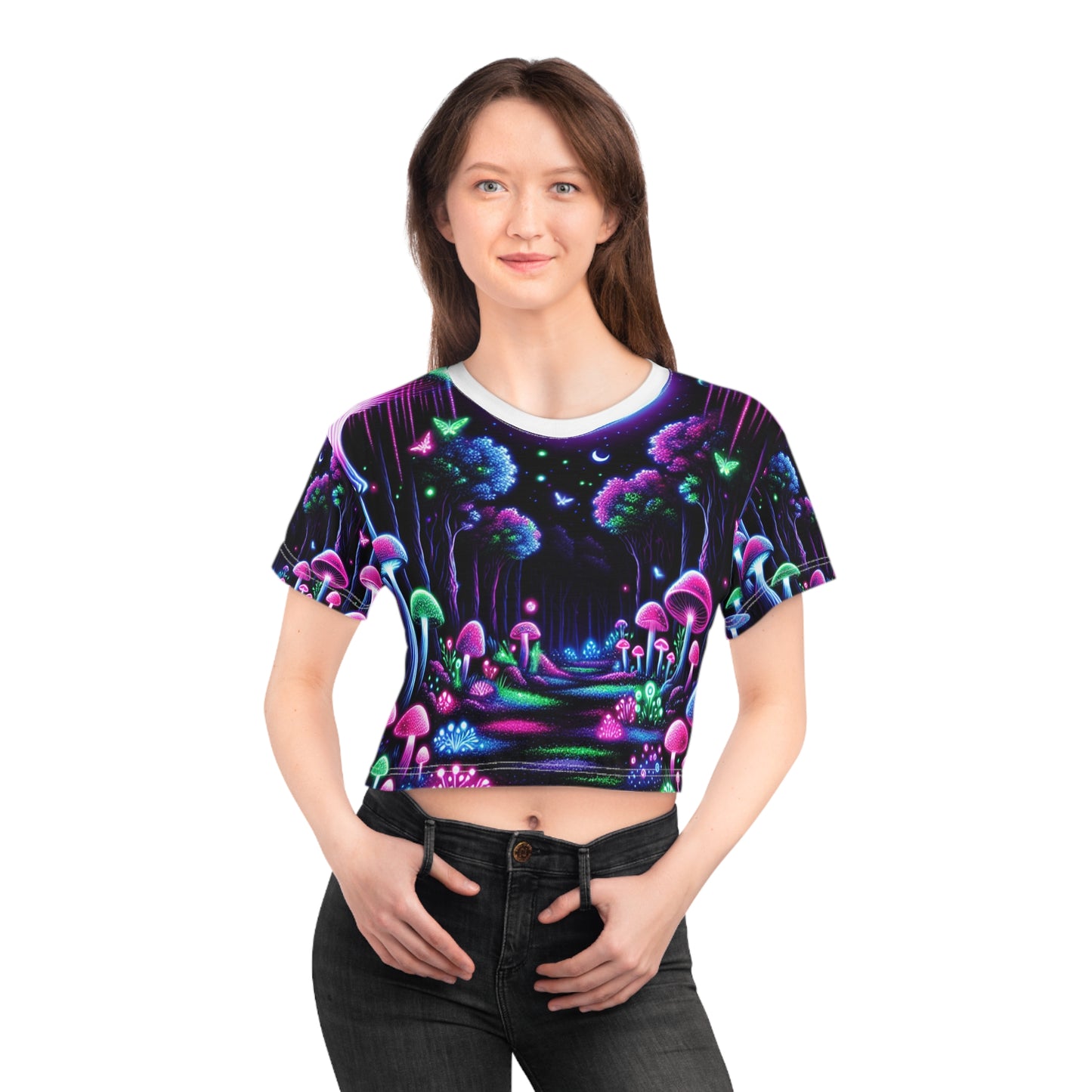 Glowing Moonlit Night Forest Crop Tee - Blacklight-Reactive, Neon Mushroom & Fireflies, Mystical Fashion - Women's Blacklight Tee