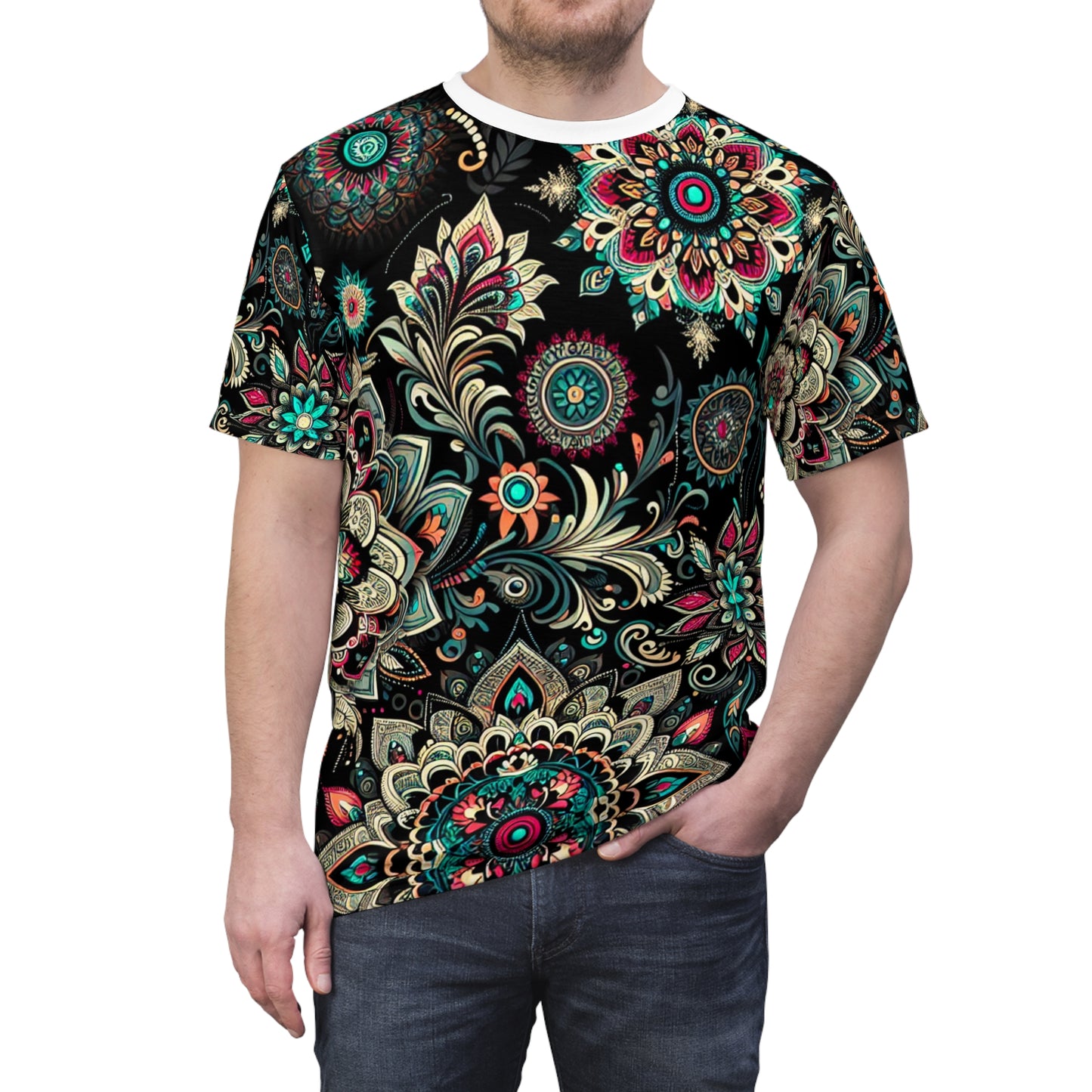 UV Reactive Traditional Indian Motifs T-Shirt - Scattered Radiating Bioluminescent Print on Black Background