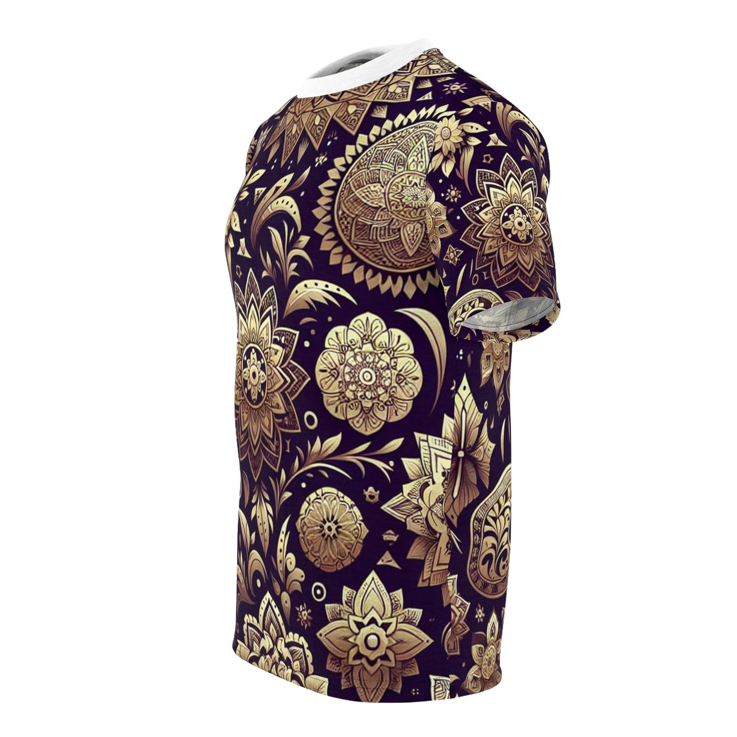 Premium Ethnic Gold & Purple T-Shirt with Traditional Indian Motifs - Seamless Pattern Design with Intricate Floral and Geometric Shapes - Luxurious Reflect Tee