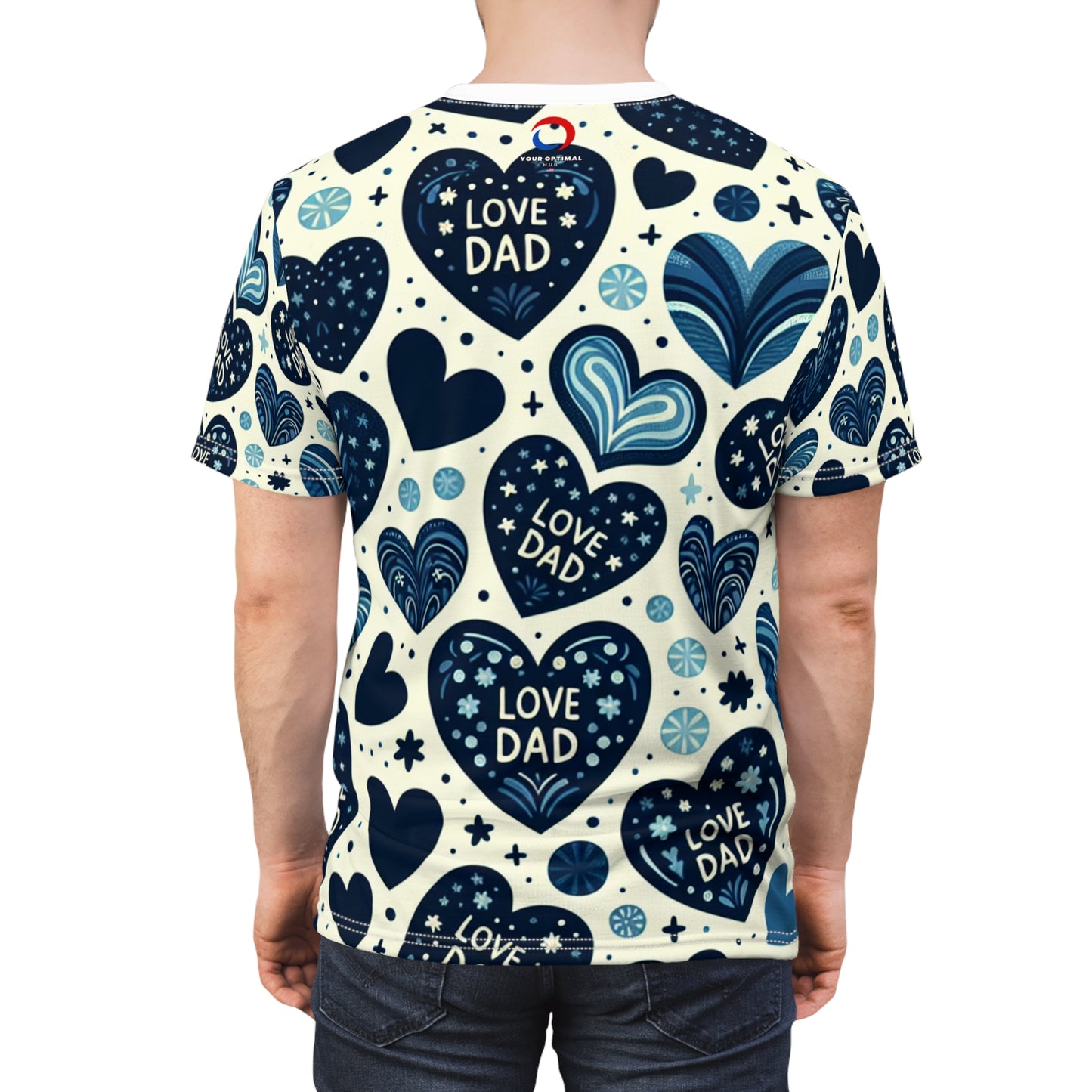 Love Dad Heart Pattern T-Shirt - Blue Shades on Navy, Starry Night Detail - Tender Father's Day Design Tee - Gift for Him