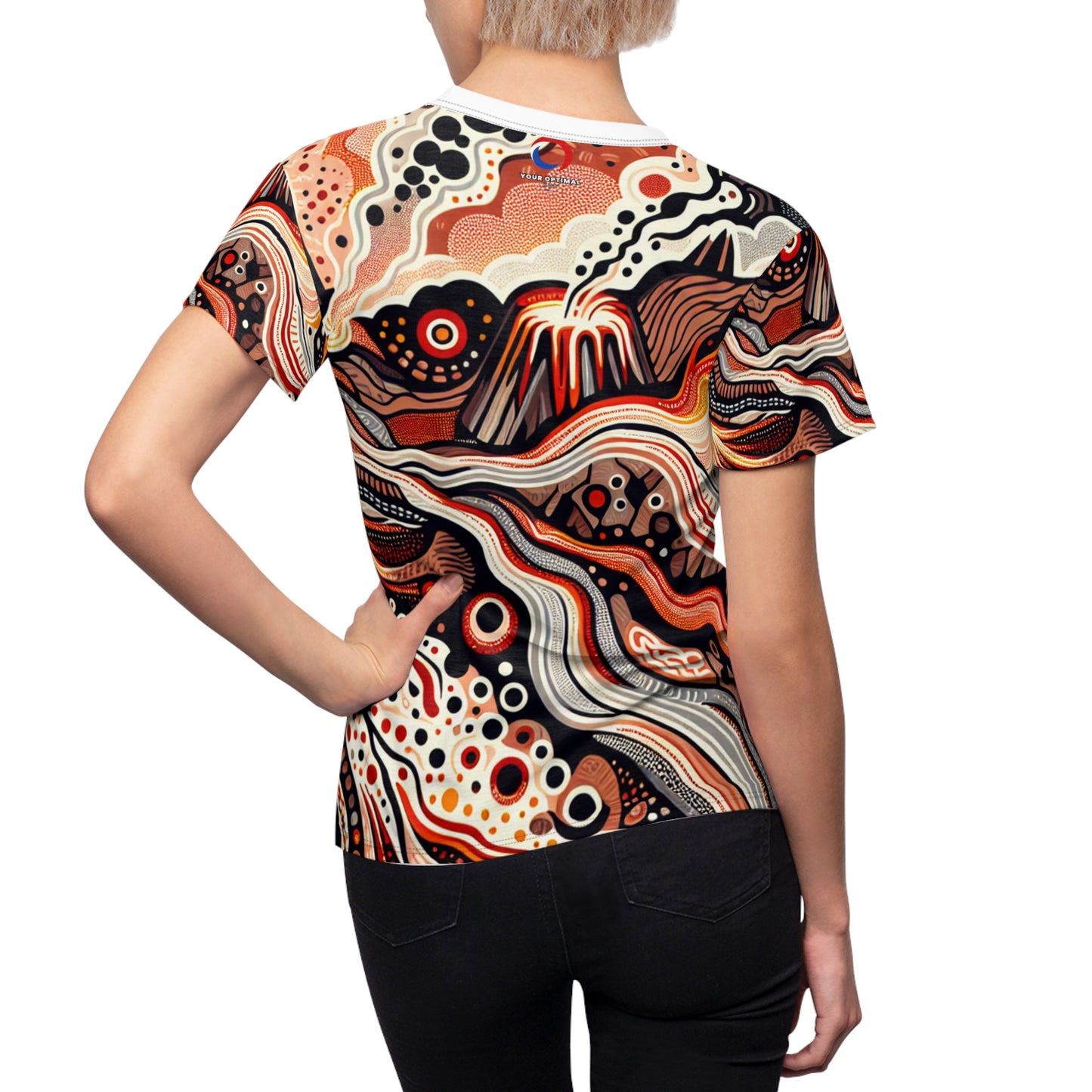 Fiery Aboriginal Landscape Themed Women's T-Shirt - Volcano Inspired Indigenous Dot Art Tee - Ancestral Connection-Inspired Apparel