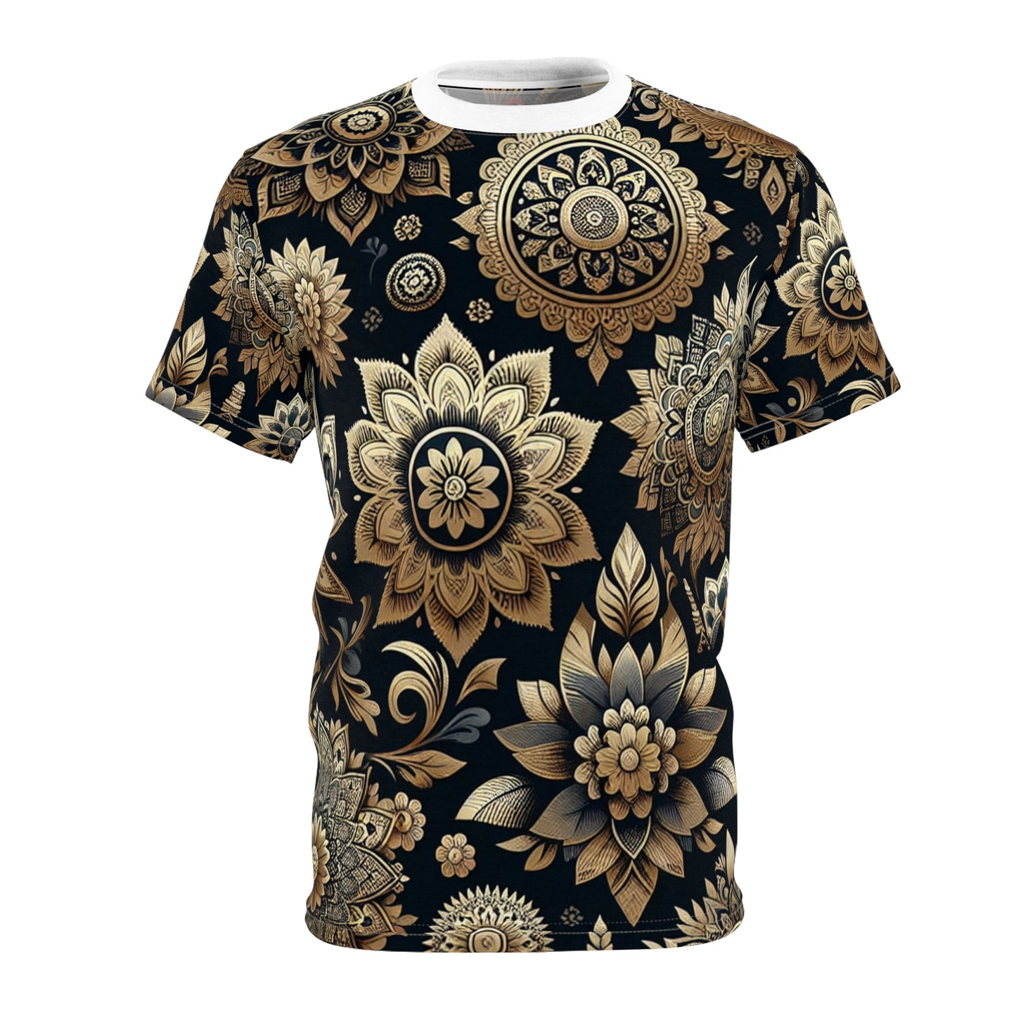 Gold on Black Indian Pattern Tee – Reflective Floral & Geometric Motif Design Shirt