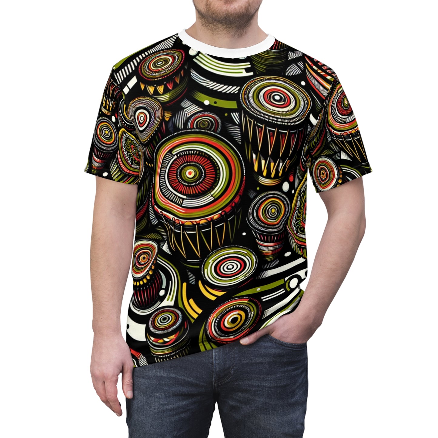 African Drum Dance Vibrant T-Shirt - Bold Kaleidoscope Pattern in Black, Red and Lime Green - African Tribal Pattern-Inspired Tee