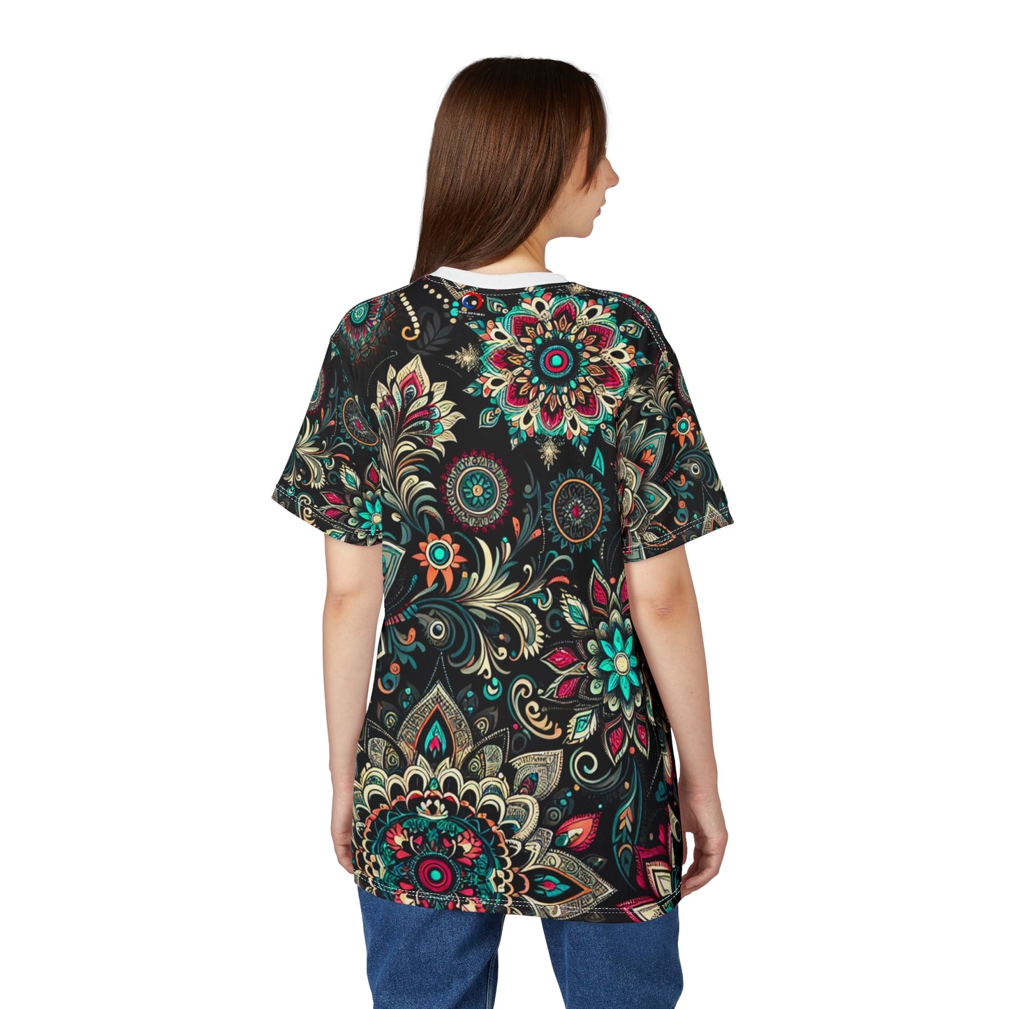 UV Reactive Traditional Indian Motifs T-Shirt - Scattered Radiating Bioluminescent Print on Black Background