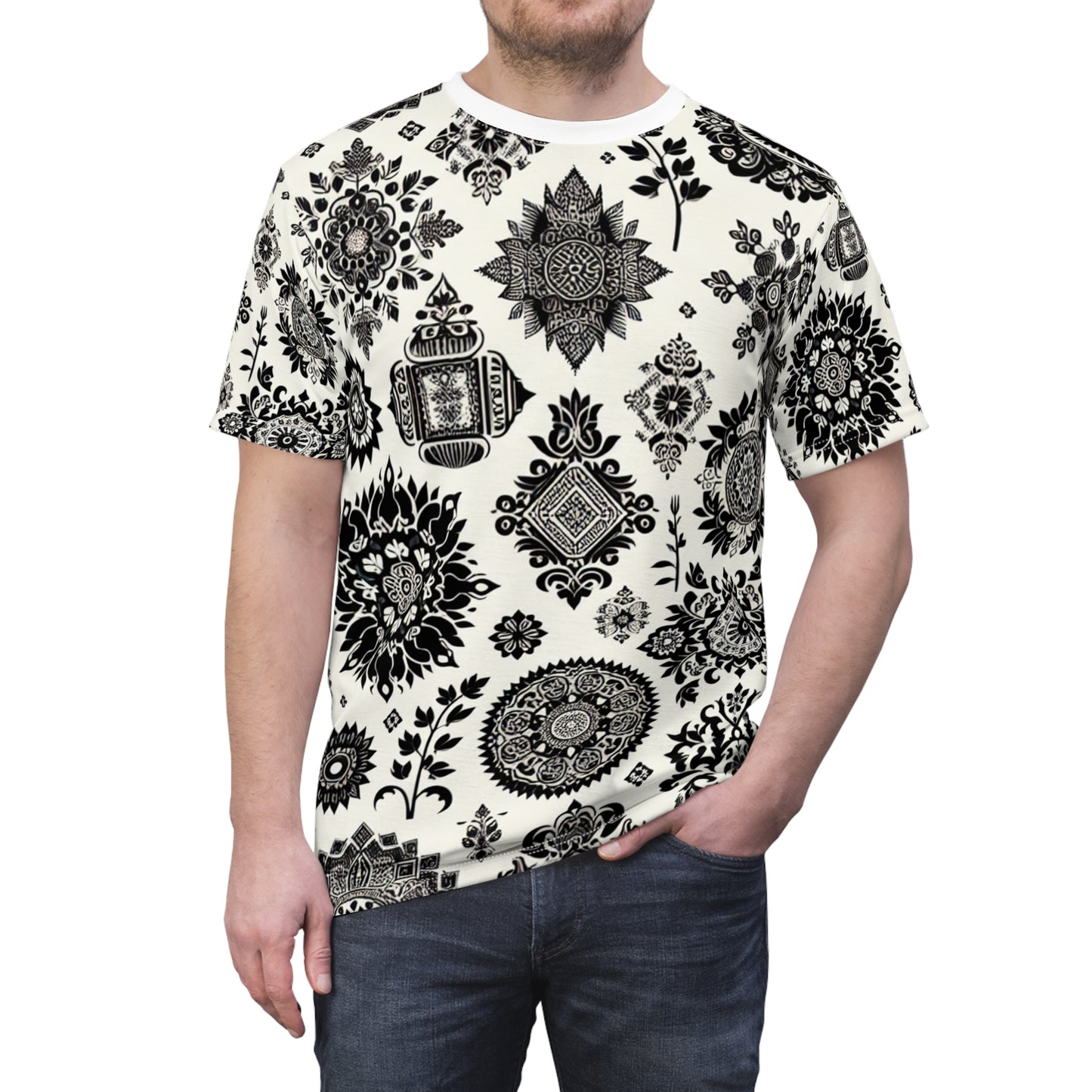 Traditional Indian Motifs Collection: Black & White Geometric & Floral Seamless Patterned T-Shirt - Intricately Crafted with Modern Minimal Aesthetic