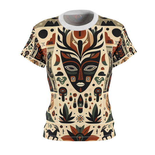 African & Southwestern Fusion Women's T-Shirt: Mythic Totem Design, Geometric Fauna & Flora Motifs - African Tribal Pattern-Inspired