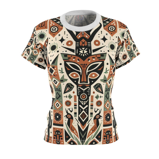 Women's Tribal Art T-Shirt: African-American Fusion, Symmetrical Nature Totem, Geometric Fauna & Flora, Earthy-tone Palette - African Tribal Pattern-Inspired